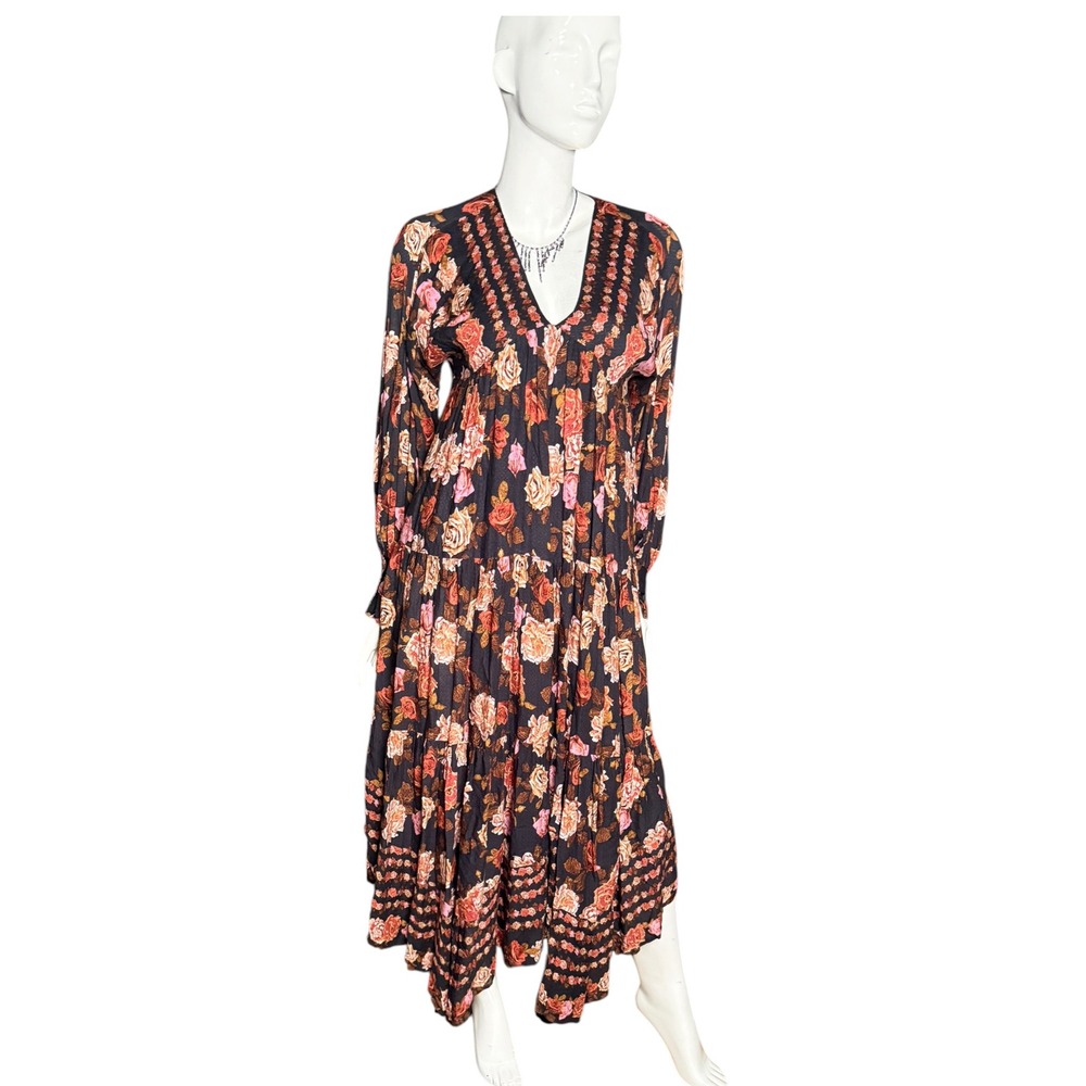 Free People Floral Tiered Maxi Dress row of roses Black red VNeck Long Sleeve XS